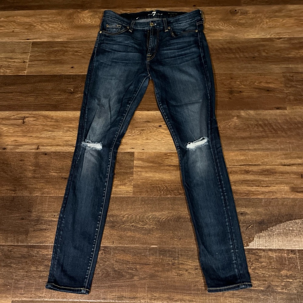 7 For All Mankind The Mid Rise Skinny Womens Jeans Size 28 Distressed Dark Denim
